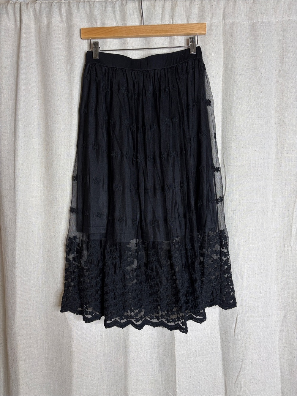 Black Midi Lace Skirt with Floral Mesh Overlay